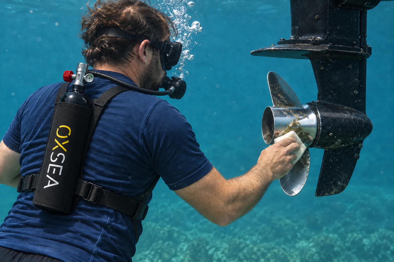 A boat owner cleans a propeller blade with a sponge while wearing an OX1000 tank in a back harness