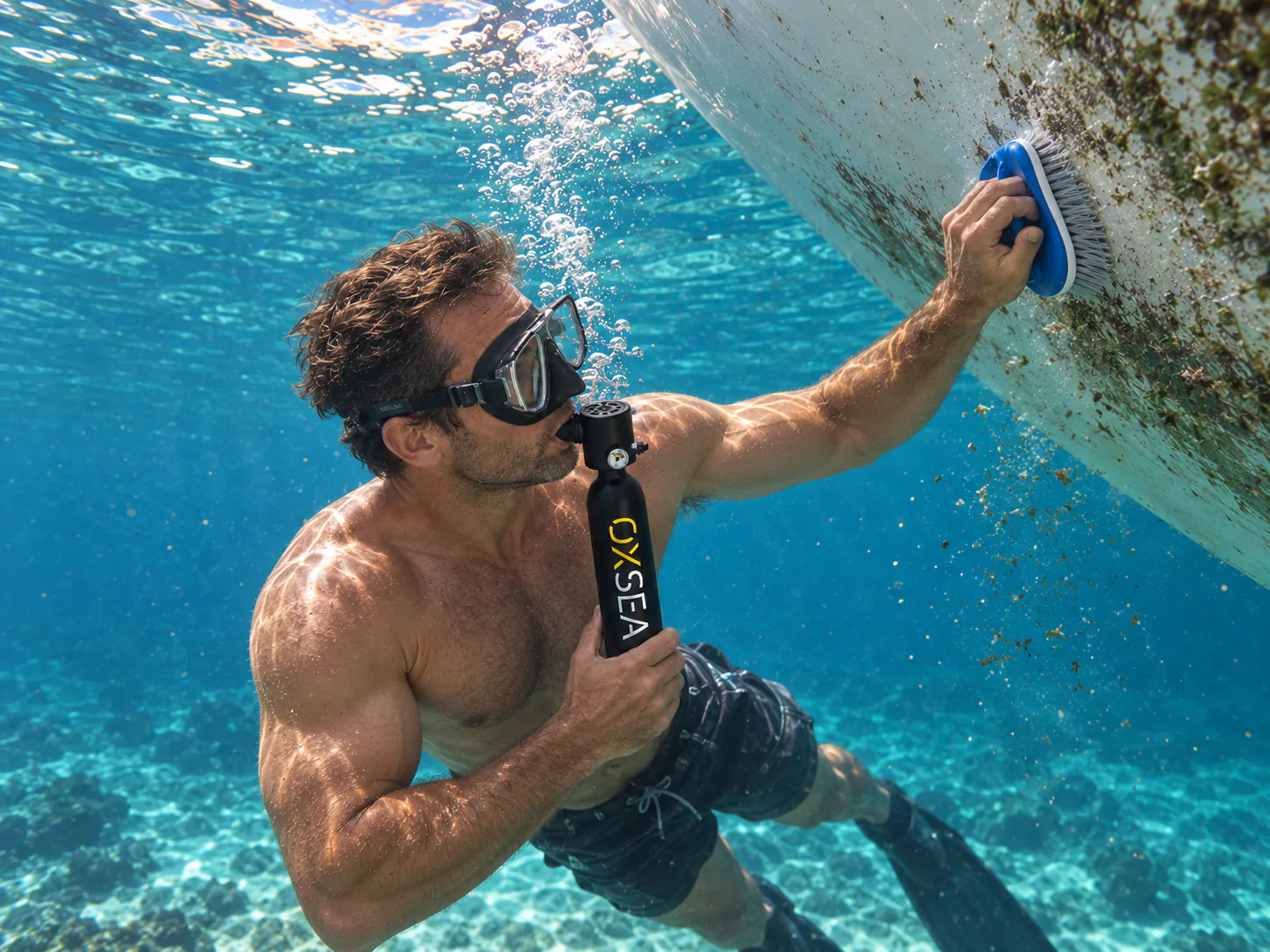 A boat owner cleans the hull in clear water while breathing from an OX500 tank