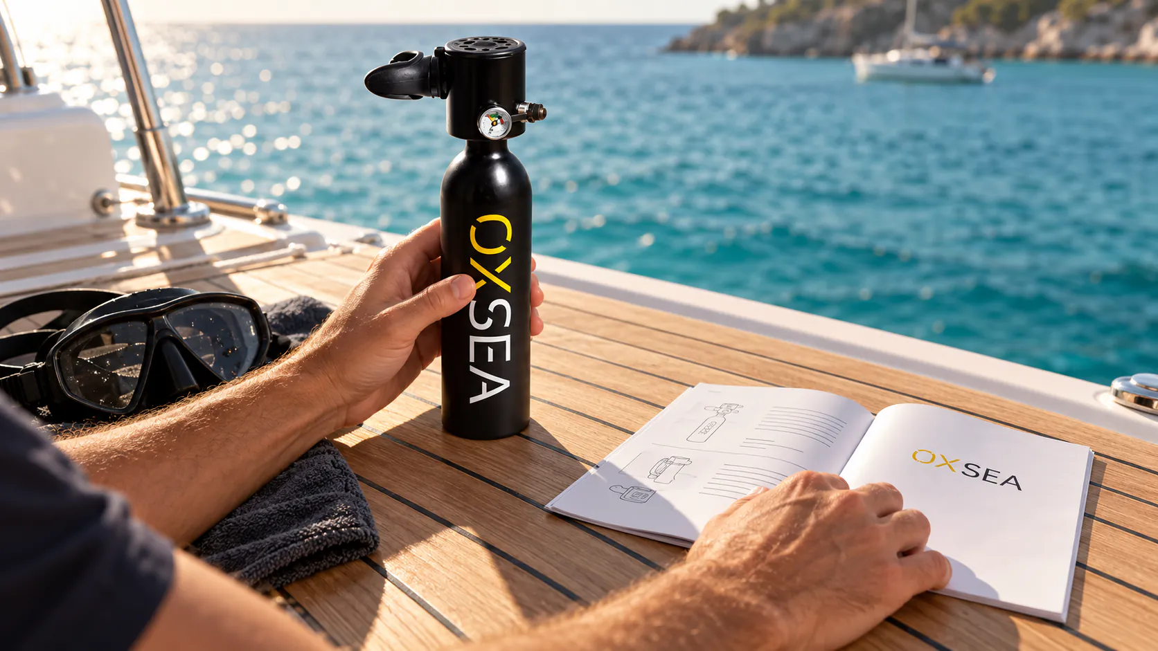 Checking an OX500 tank and reading its user manual on a boat