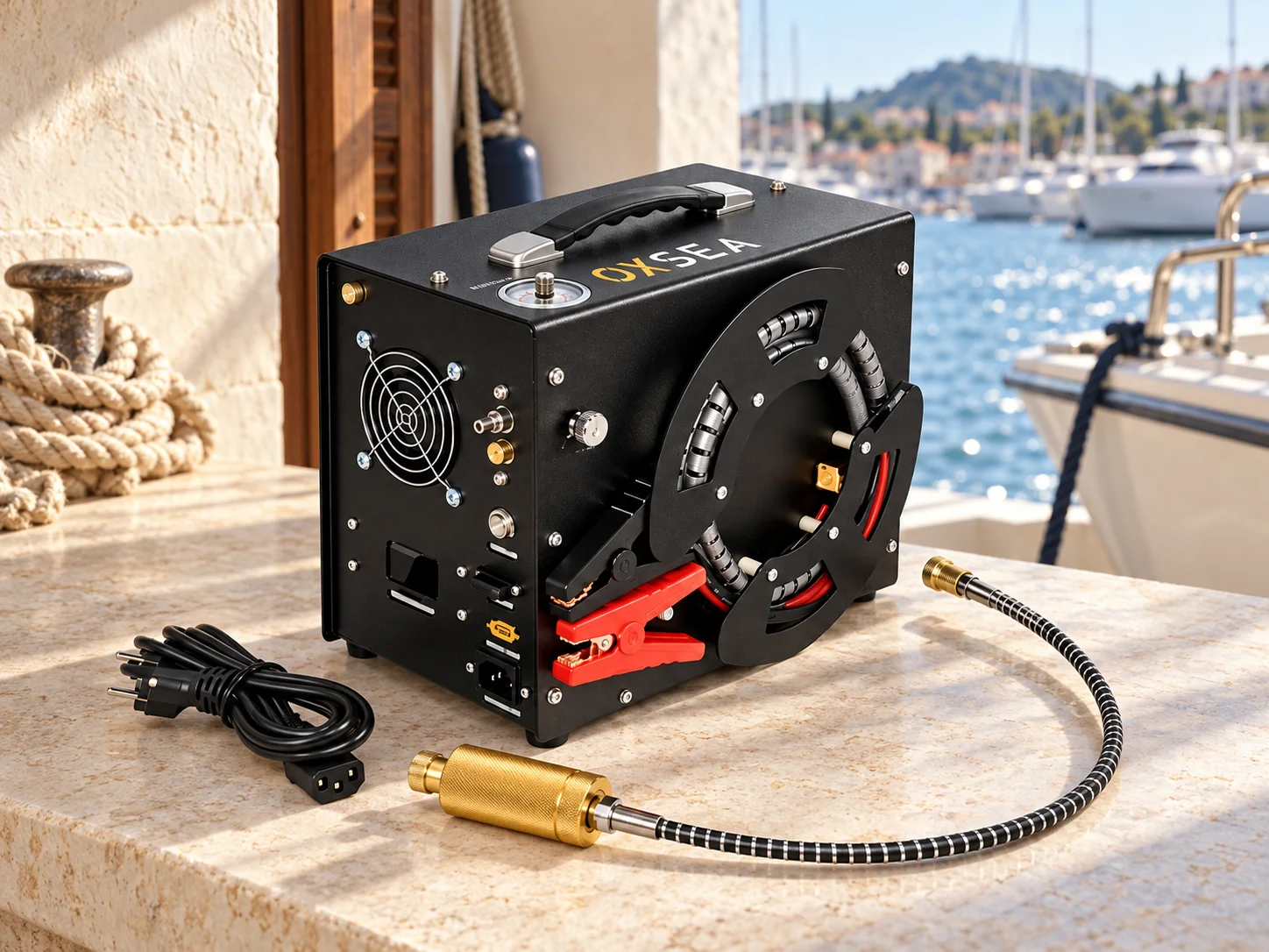 The Oxsea mini compressor with its cables and hose