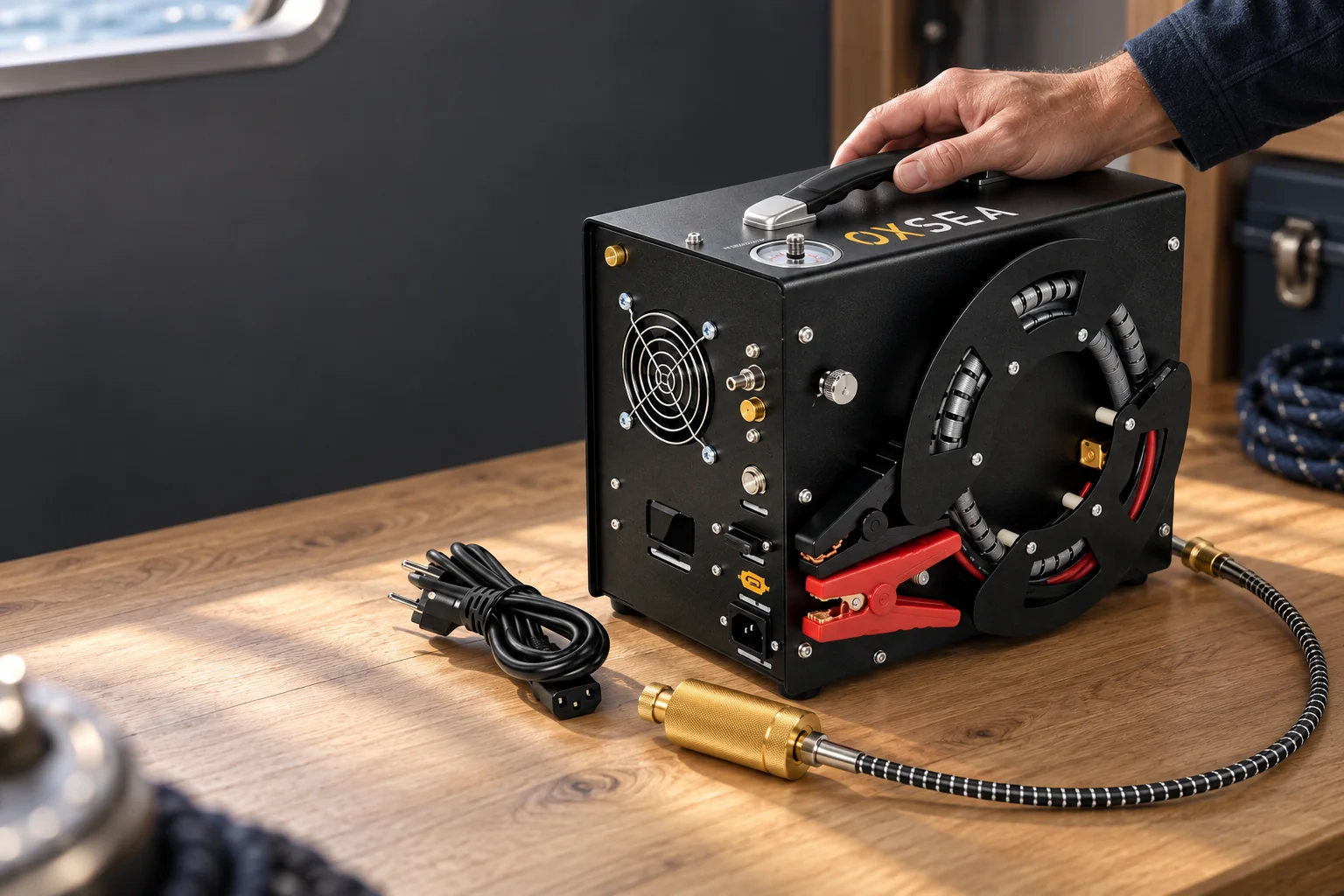 OXSEA mini compressor with its handle, hose and cables on a dry workbench.