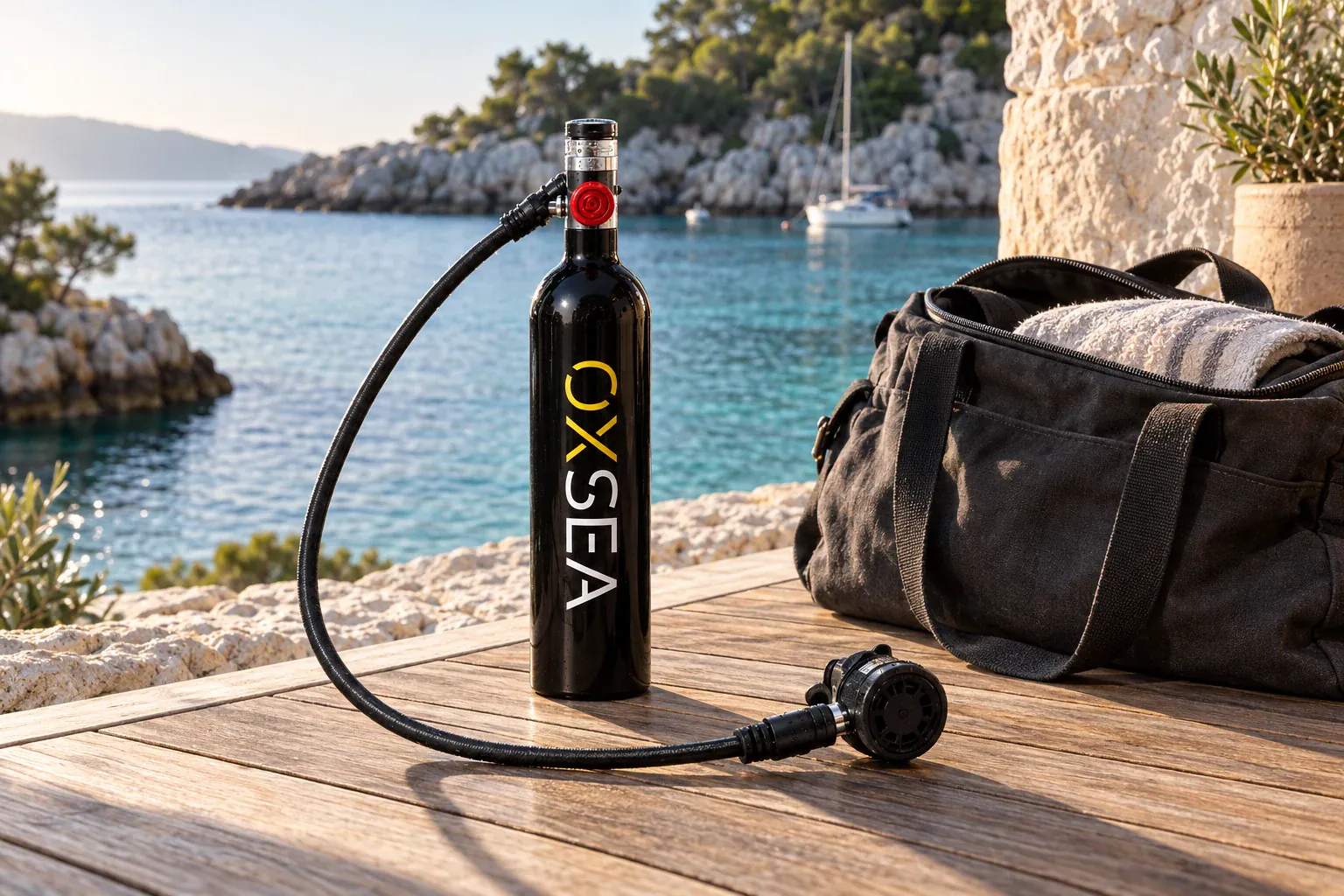 OX1000 tank and external regulator laid out on a teak deck by the sea.