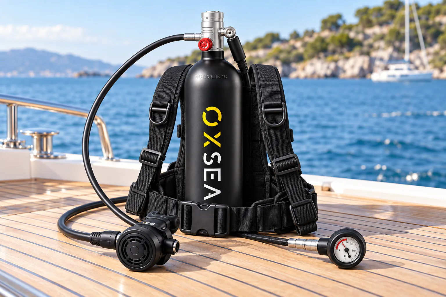 The 2.3-liter OX2000 with its adjustable harness, external regulator and pressure gauge on a boat deck.