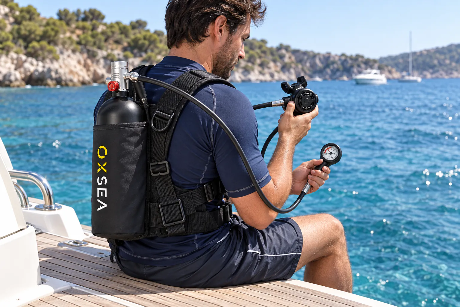 Getting the OX2000 ready in its harness on the edge of a moored boat, before a dive.