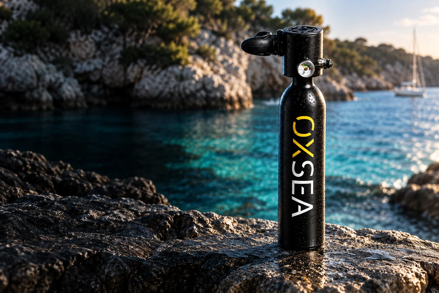 OX500 tank with its built-in regulator, by the sea.