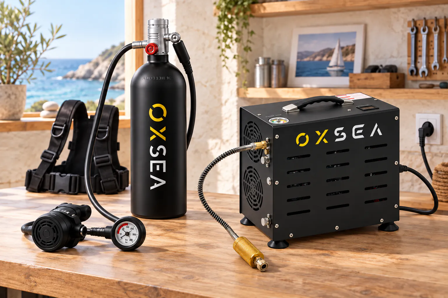 Power compressor and OX2000 tank on a dry workbench, ready to be set up for refilling.