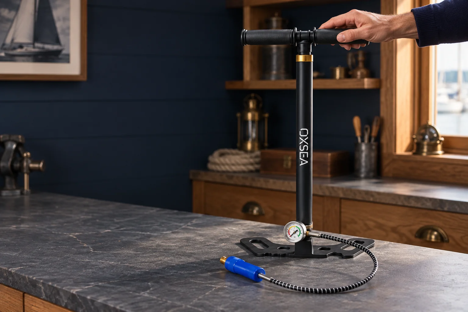 OXSEA manual pump with its hose and filter, being checked on a dry workbench.