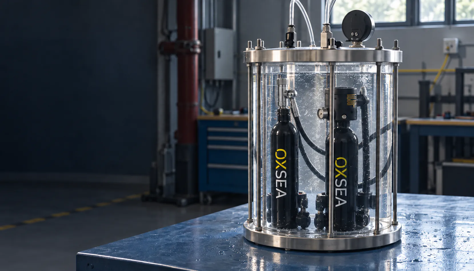 Recreated view of OXSEA tanks in an immersion test chamber, based on photographs from our factory.