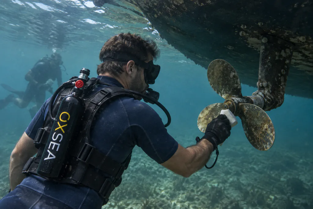 Cleaning a boat propeller underwater with an OX1000 worn on the back.