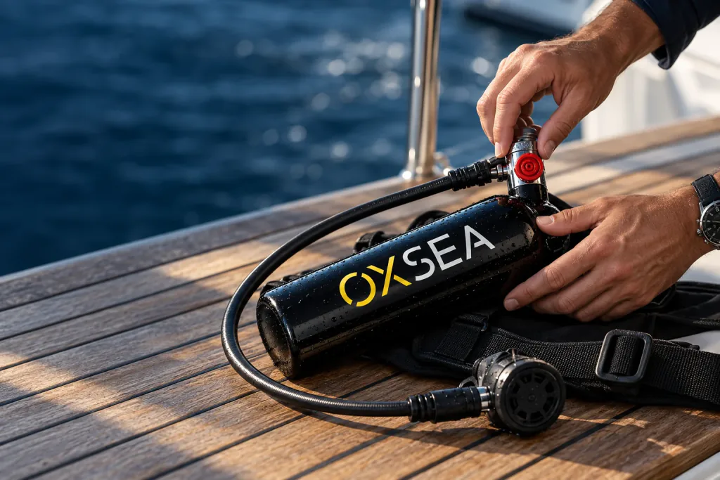 Getting an OX1000 and its harness ready on a boat deck.