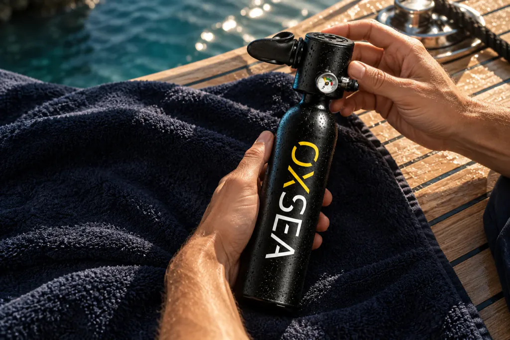 Hands getting an OX500 ready on a towel by the water.
