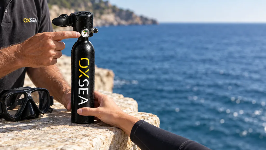 Two people check an OX500 by the water before a dive.