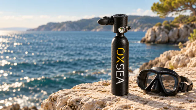 An OX500 and a mask on a rock facing the sea.