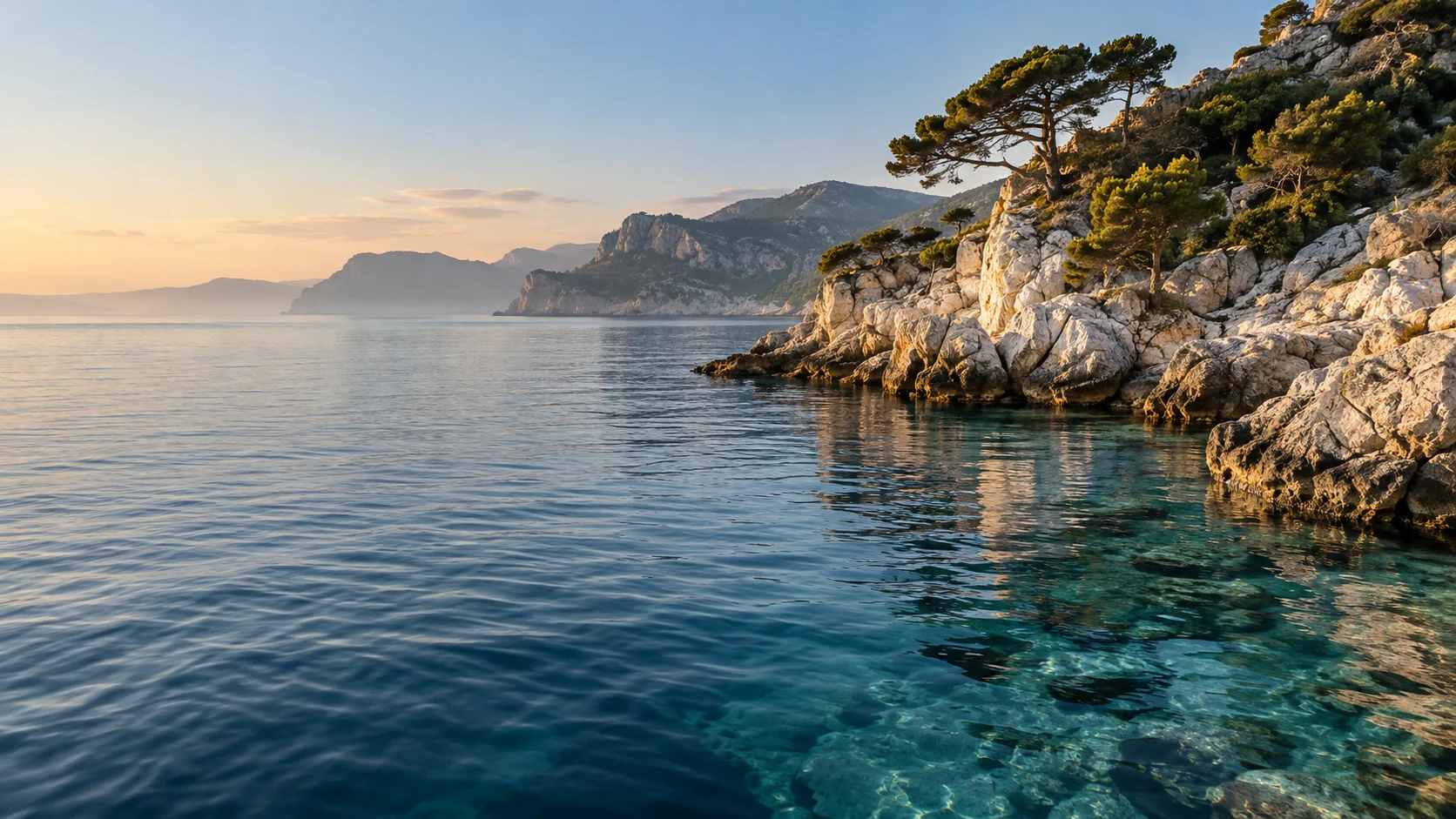 A Mediterranean cove at sunrise, with calm water, pale cliffs and maritime pines.